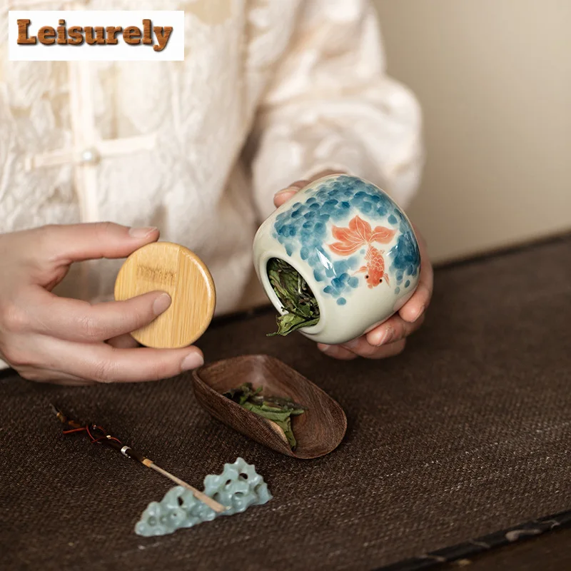 225ml Hand-painted Lotus Tea Box Organizer Japanese Grass Wood Gray Storage Tank Containers Tea Caddy Dahongpao Cha Decoration
