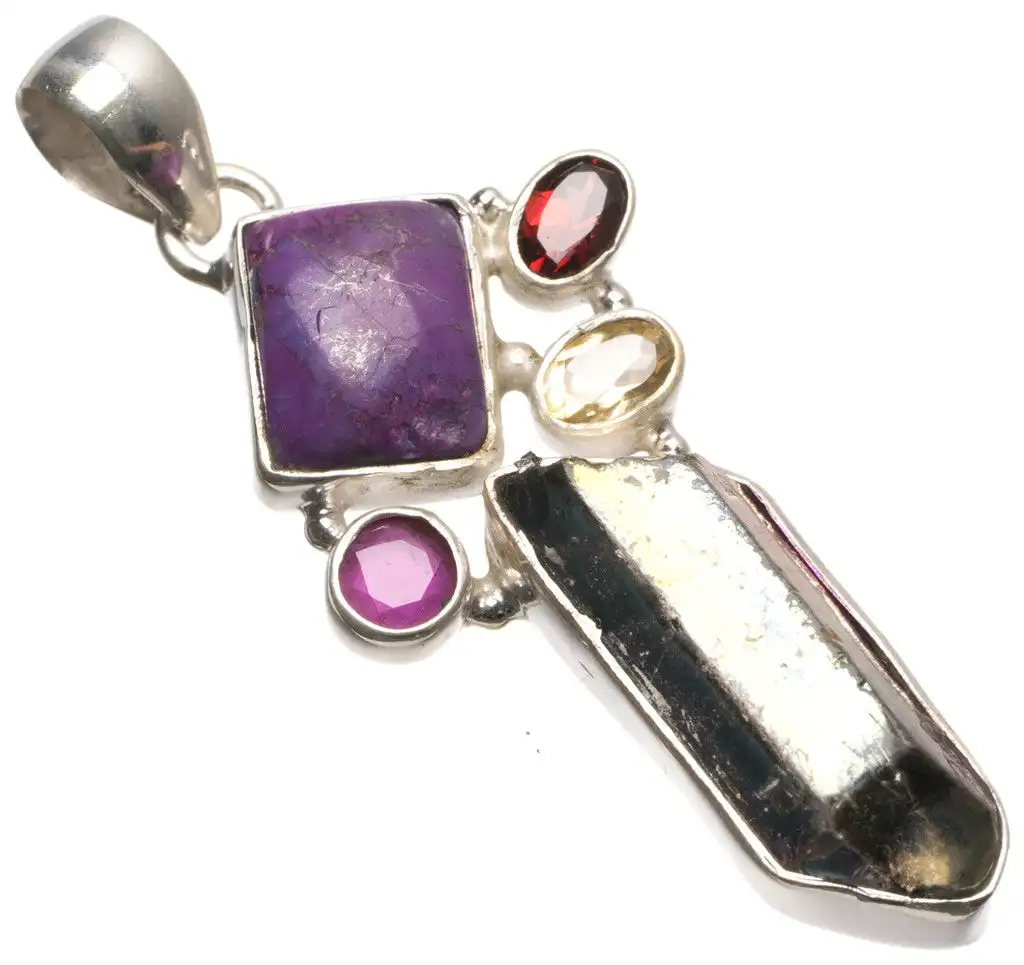 

Rainbow Dichroic Glass,Citrine,Garnet and Copper Turquoise Handmade 925 Sterling Silver Pendant 2 1/4" T2364