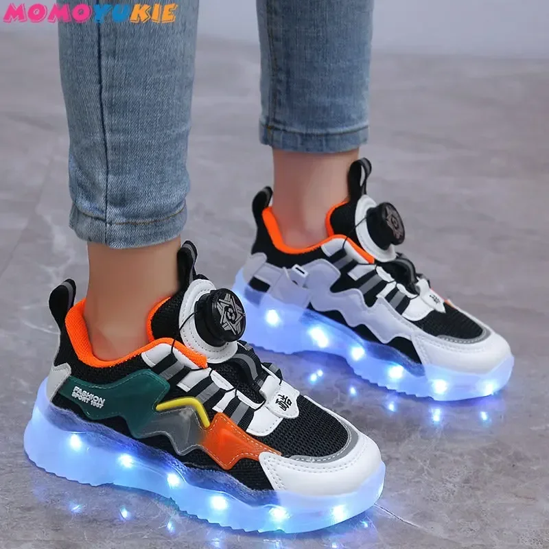 Rotating Button Luminous Sneakers Men's Girls Colorful Soles Usb Rechargeable Fashion Breathable Children's Luminous Sneakers