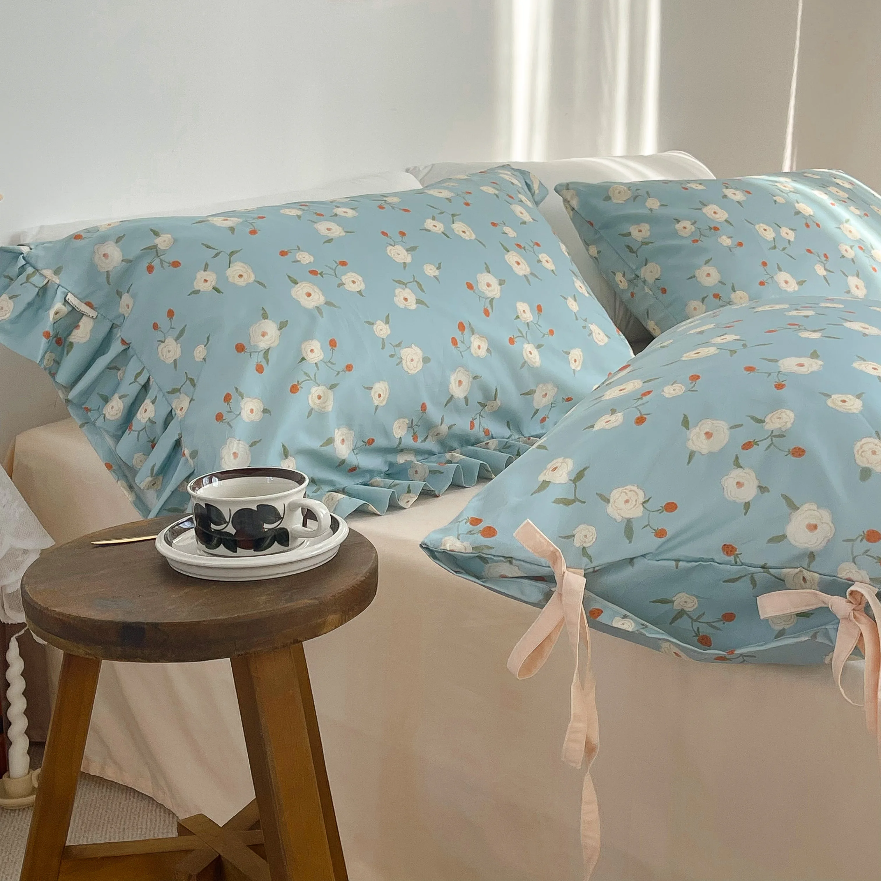

Korean Strawberry Flower Floral Vintage Cotton Pillowcase, Denim Blue Small Flower Pillow Cover