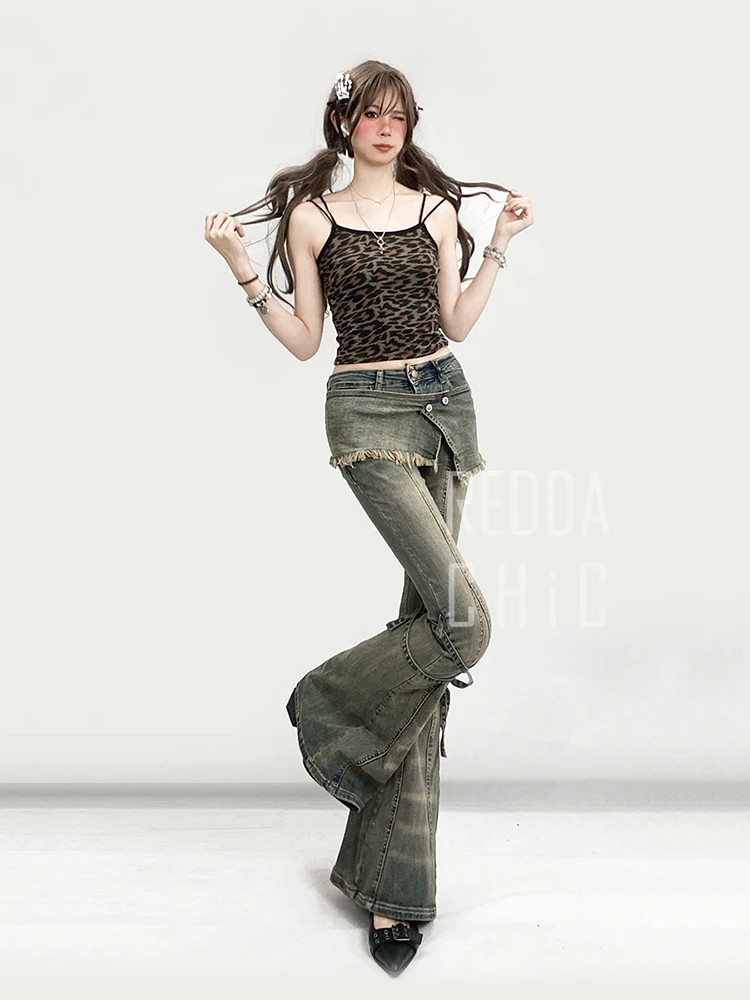 REDDACHiC Dirty Green Women's Flare Jeans Whiskers Bandage Fake