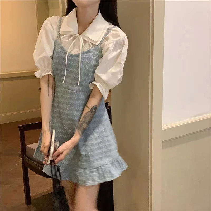 Women's 2024 Summer Chic Spliced Turndown Collar Button Shirt Fashion Solid Color Slim Fit Slim Strap Printing Casual Dress Suit summer men s fashion t shirt set tops shorts 2 pieces 3d printing colorful chic hip pop outfit oversized quick dry for husband