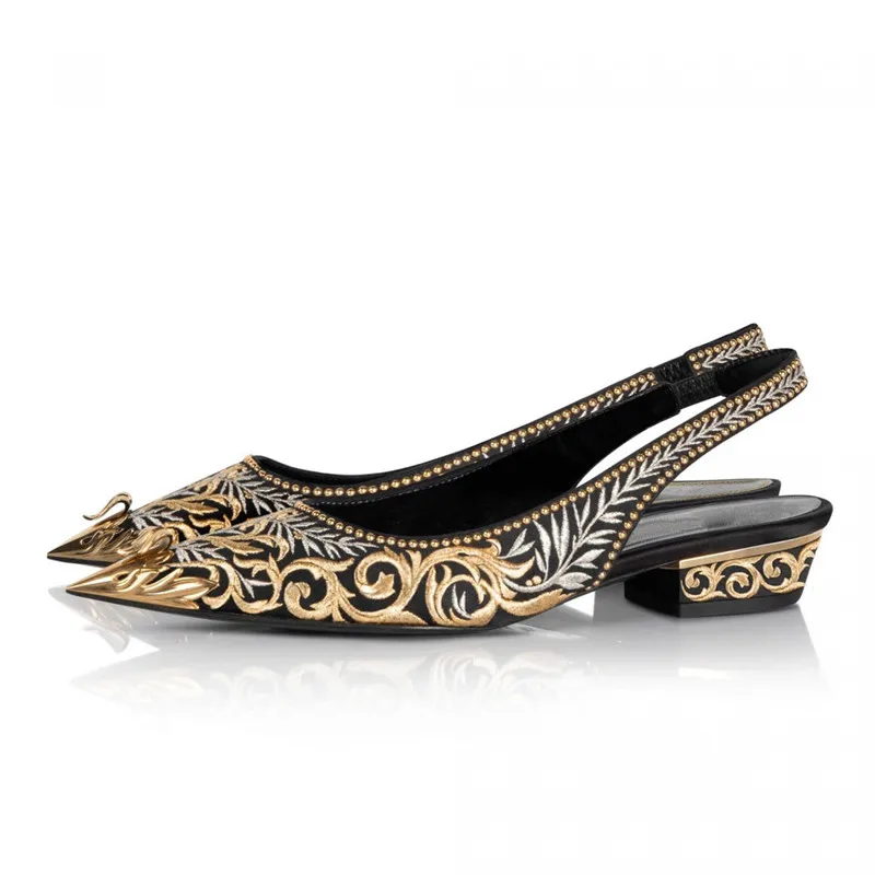 

Women Luxury Circular Metal Decoration Pointed Toe Sandals Ladies Low Thick Heel Embroidery Summer Dress Shoes Women Slingbacks