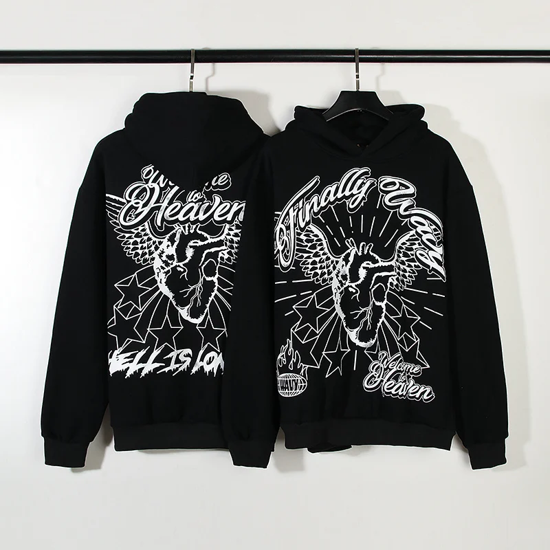 

Black Hoodie Men Women High Quality Flying Heart Graffiti Hooded Sweatshirt Front Back Printed Pullover