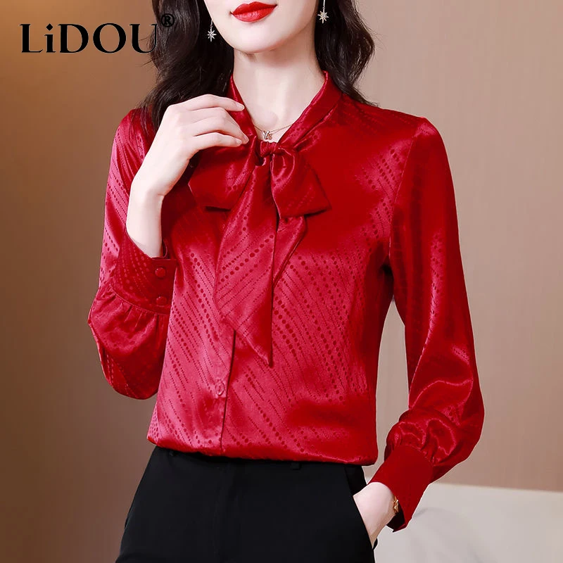 

2023 Spring Autumn New Solid Color Round Neck Bow Long Sleeve Button Blouse Women Fashion Jacquard Weave All-match Cardigan