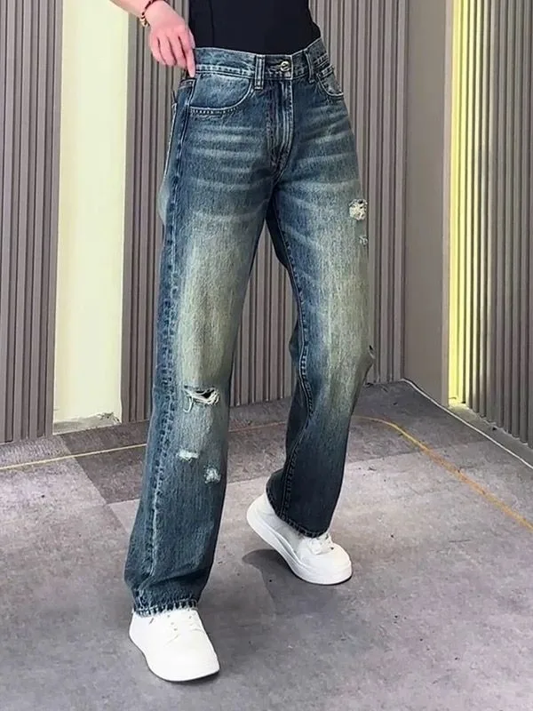 Men's Destroyed Frayed Ripped Denim Jeans - Image 7