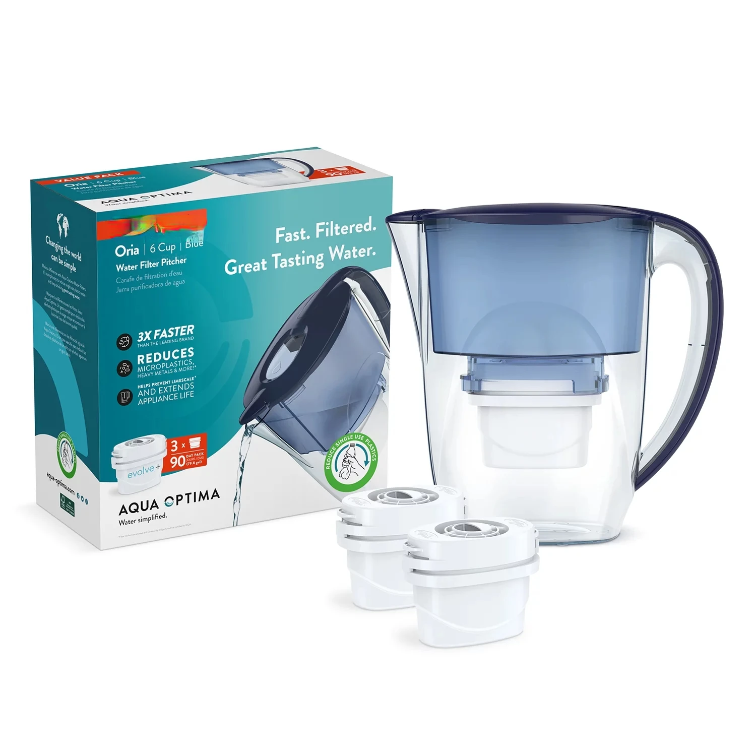 

Filter Pitcher Value Pack for Tap and Drinking Water with 3 Evolve+ Filter, BPA Free, WQA Certified, Oria Design (Blue)