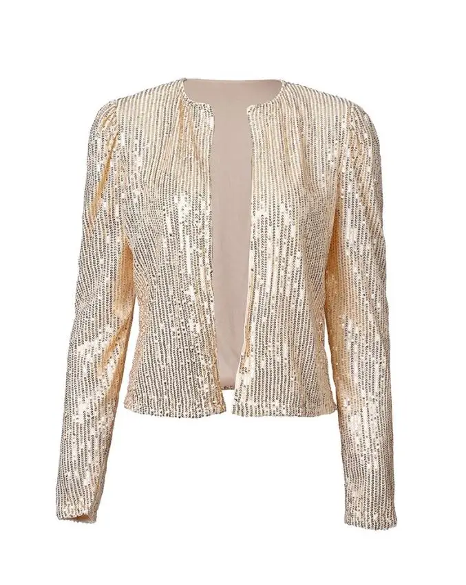 Women's Short Jacket Fashion Women's Clothing Long Sleeve Open Front Sequin Coat Daily Office Casual Coat Fashion Wear