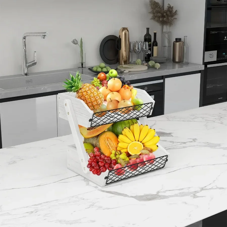 Fruit Basket for Kitchen 2 Tier Fruit Bowl Kitchen Counter Organizer Wooden Vegetable Holder for Countertop Bread Storage Baske