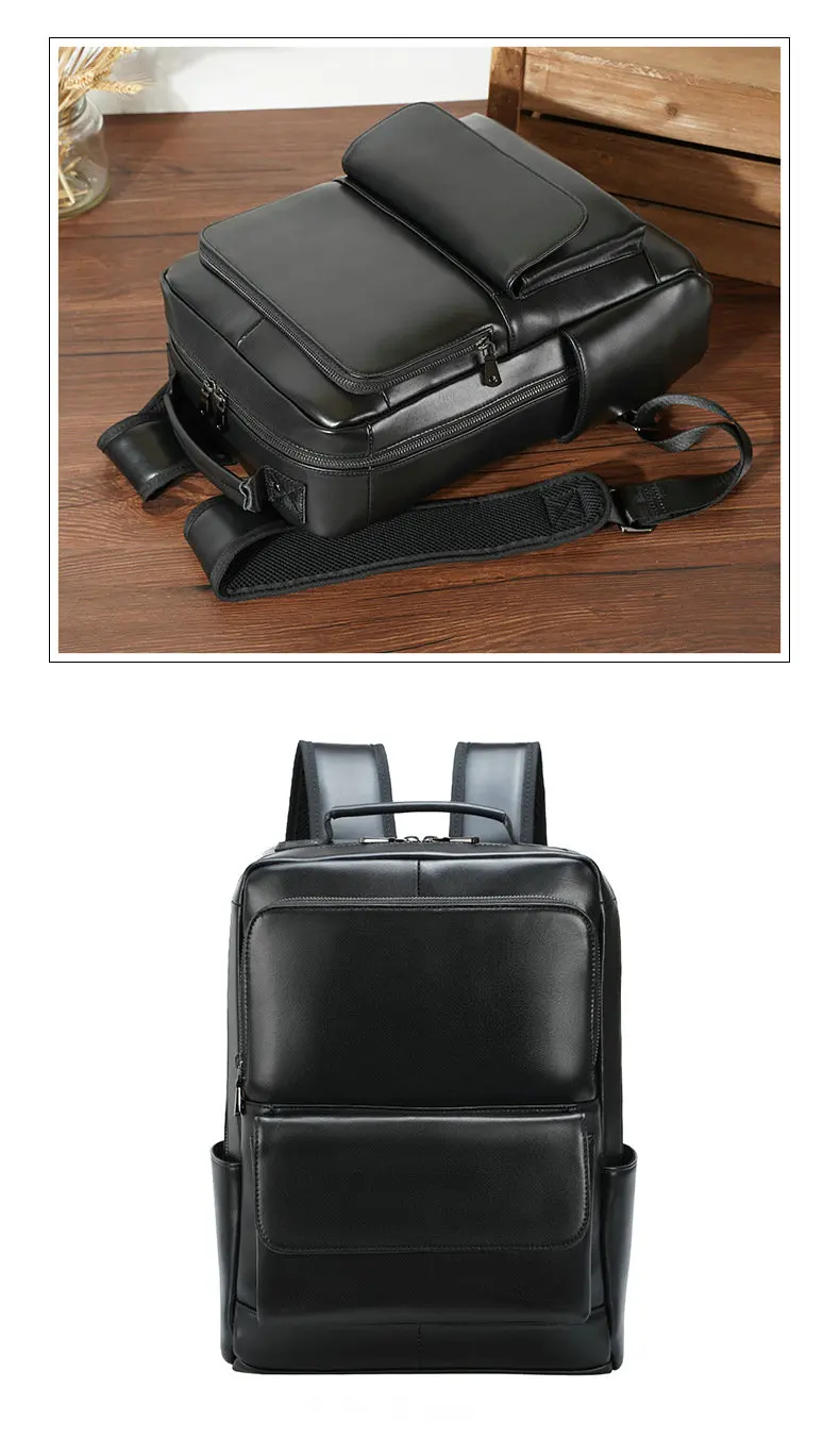 Unisex Black Leather Laptop Backpack Purse Bag