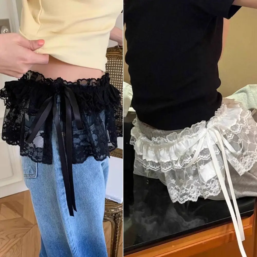 Polyester Embroidered Flower Lace Mini Skirt See Through Y2K Streetwear Ruched Skirts Harajuku Butt Curtain Jeans Decoration