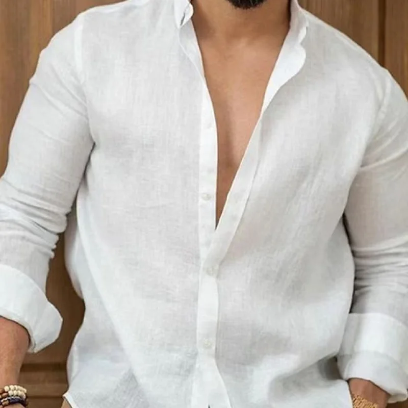 CIGY-Cotton and Linen Solid Color Men's Shirt Youth Casual