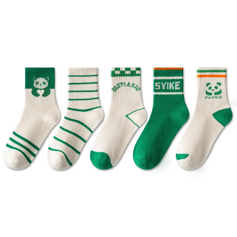 

5 Pairs Children Socks Fashion Boys Sports Breathable Antibacterial Anti-odor Striped Green Socks Cute Panda Cotton Underwear