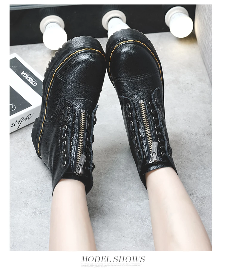 Women Leather Boots - Retro Platform Motorcycle Ankle Boots With Front Zipper