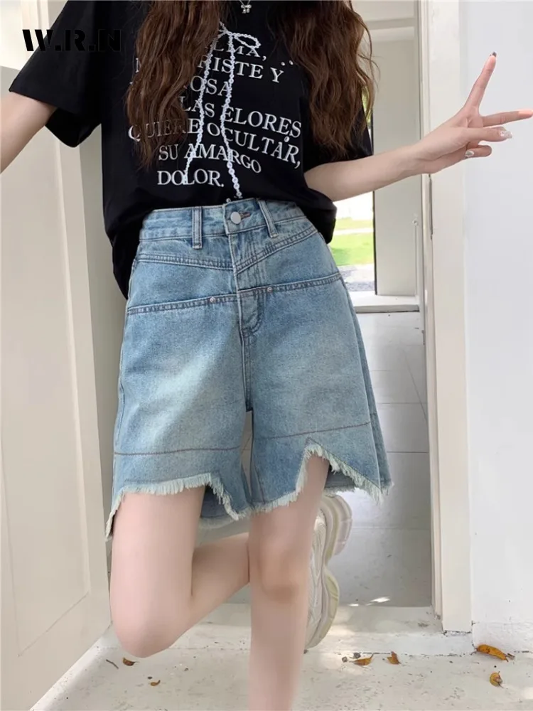 

Retro Wide Leg Baggy Women's Casual Denim Shorts Harajuku Solid Washed High Waist Loose Jeans 2024 Summer Men Tassels Shorts