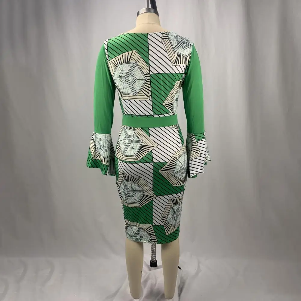 

Stretchy Printed Dress Elegant Printed Patchwork Midi Dress for Women with Horn Sleeve High Waist for Prom Party Plus Size Slim