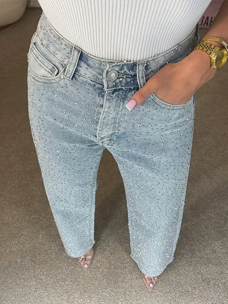 Y2k Women Shiny Rhinestone Denim Pants Wide Leg Straight Full Diamond Jeans for Female Dragging High Street Outwear Trousers 6