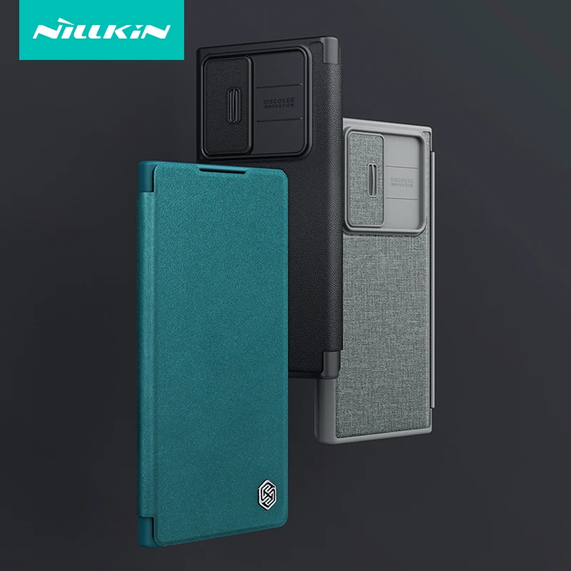 

For Samsung Galaxy S23 Ultra Case Nillkin Qin Pro Plain Leather + Fabric Cloth Slide Camera Book Cover with Card Slot For S23