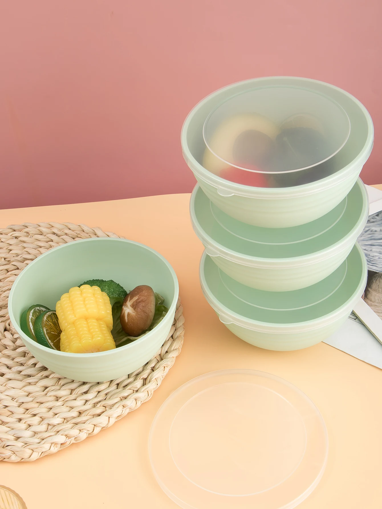Description Picture 5 of item2/4/6pcs Light green plastic bowl with lid reusable for home kitchen restaurant RV camping Work school packing grain salad food
