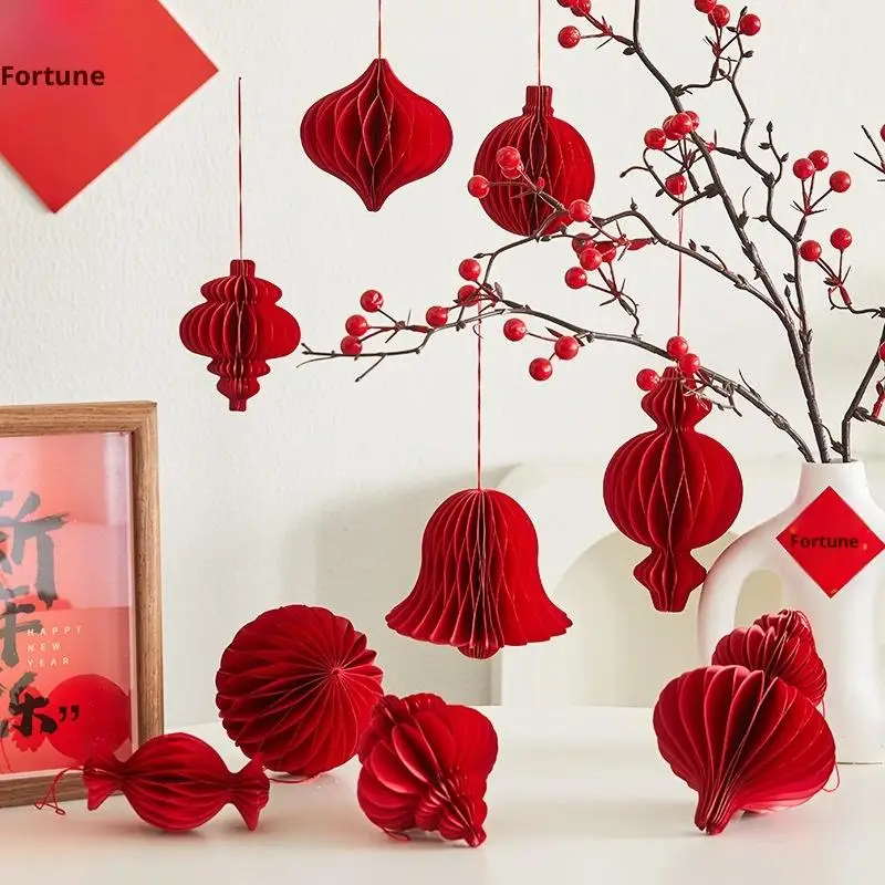 3D Honeycomb Christmas Balls 2026: Hanging Pendants and Red Paper Lantern Ornaments for Xmas Navidad Tree Decor