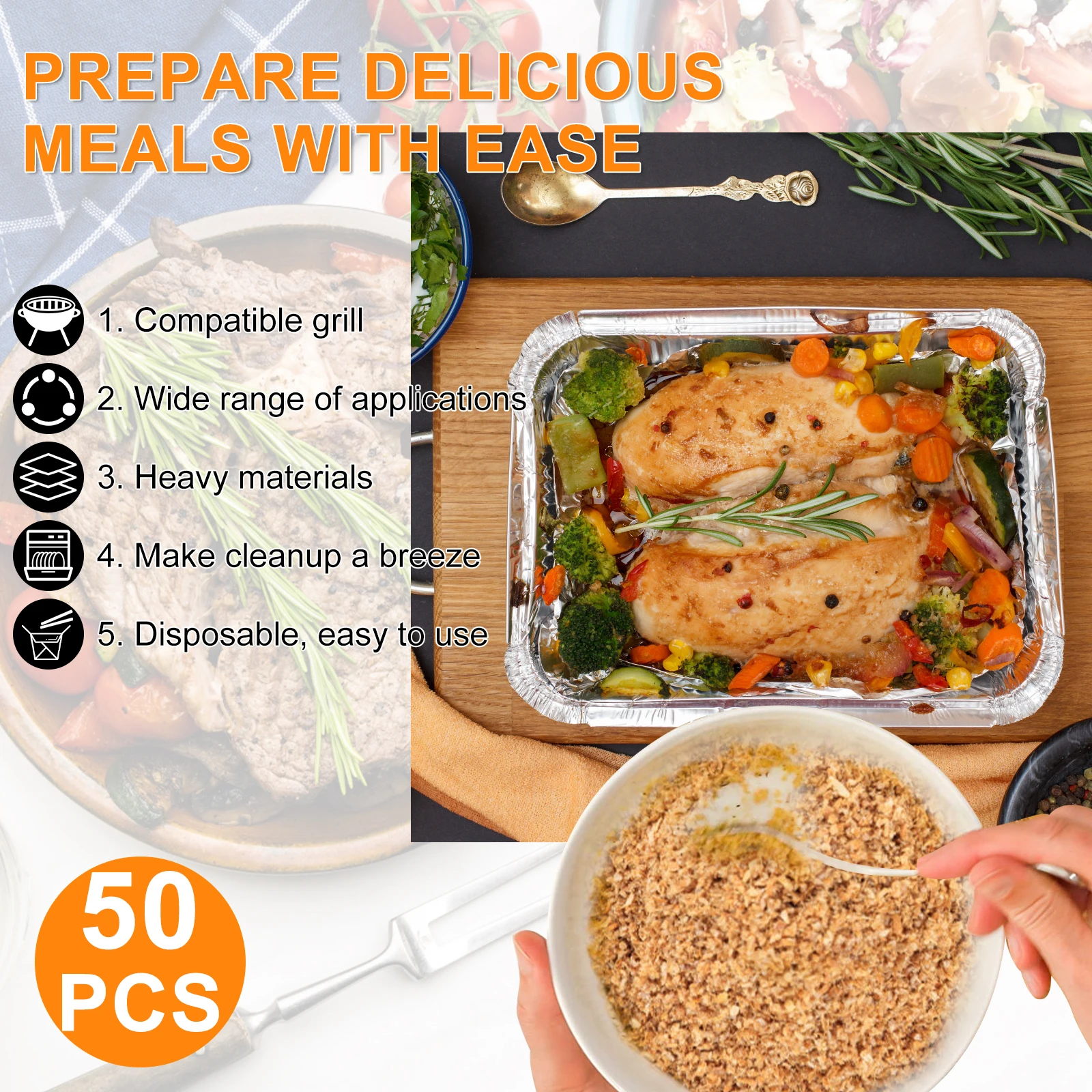 Aluminum Foil Trays 1100ml Non-Stick Aluminum Foil Baking Pans Reusable Food Grade Containers Trays 50Pcs aluminum foil trays