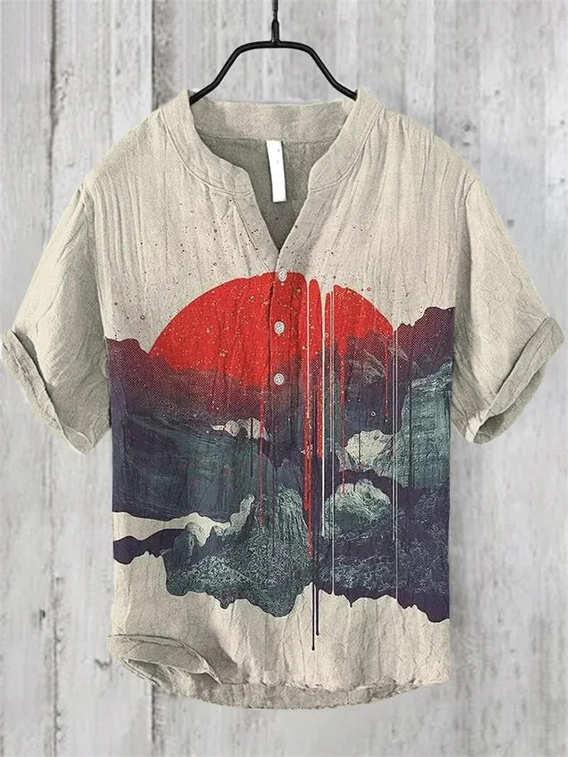 Casual short sleeved Hawaiian linen shirt with cat print Spring and summer