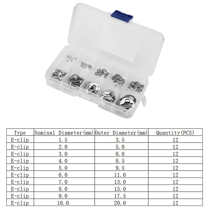 서클립 콤비네이션 탄성 안전 링, 스테인레스 스틸 (304) E-클램프 (1.5mm-10mm) 로 만든 120 개