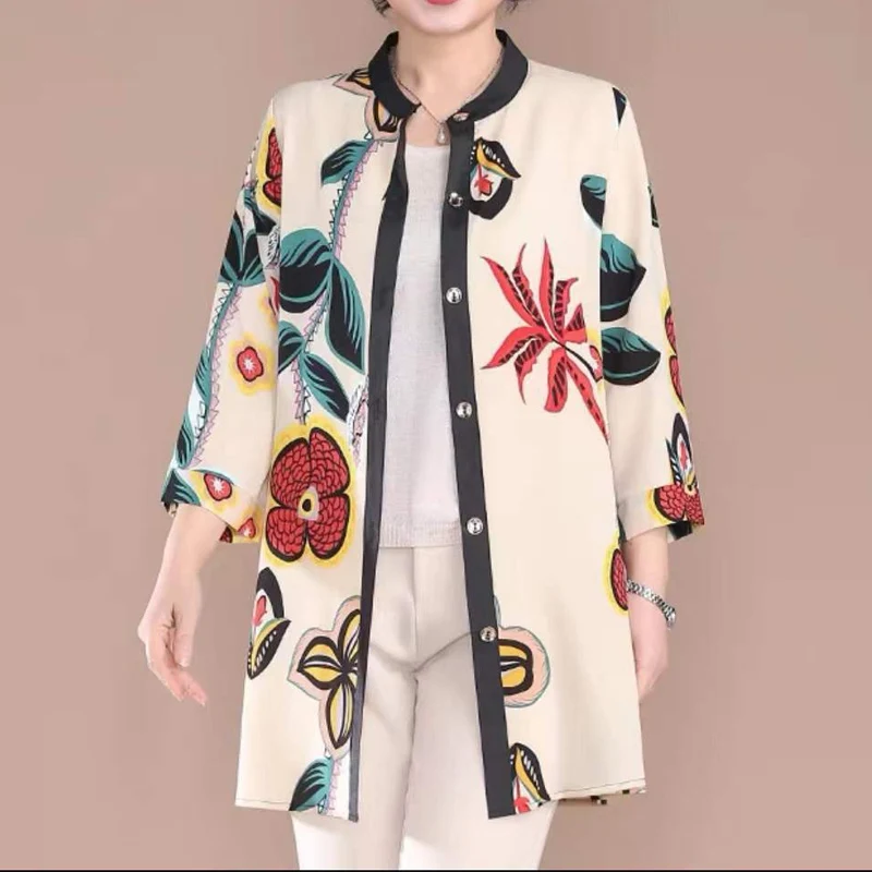 Spring Summer New Thin Printing Mid Length Shirt Tops Nine Quarter Sleeve Loose Plus Size Blouse Vintage Elegant Women Clothing autumn thin tian jinfu men s casual zipper suit coat pants 3d printing two piece set