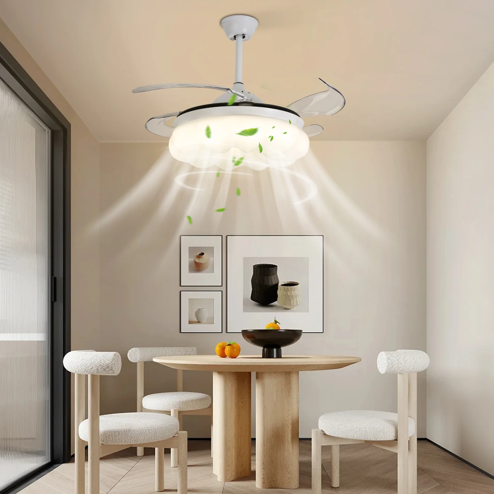 Ceiling Fan with Lights&Remote Control, 42 Inch Modern Fandelier Ceiling Fan, Retractable Fan with Light