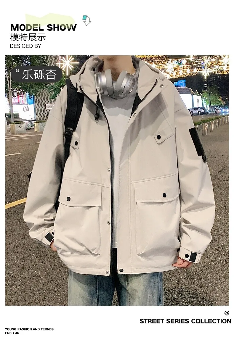 Neue Lässige Herren-Kapuzenjacken 2026 Frühling Herbst Einfarbiger Loser Mantel Jugendliche High-Street-Mode Winddichte Oberbekleidung – Detail 12