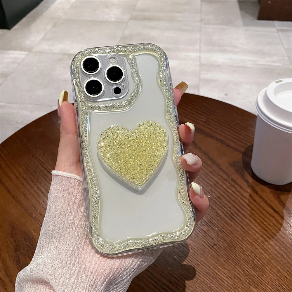 Coque téléphone cœur pailletée avec support pour iphone pro max_voghion.com