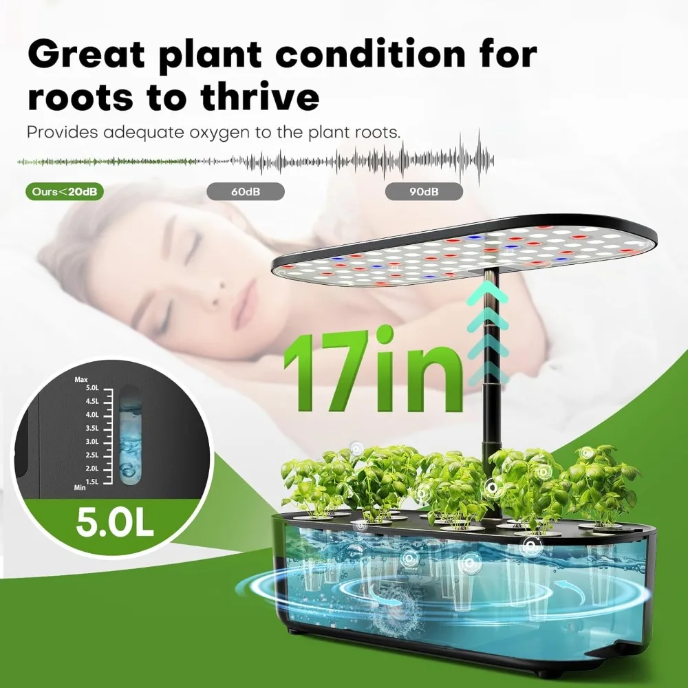 Hydroponics Growing System with 12 Pods, Adjustable Height 17"