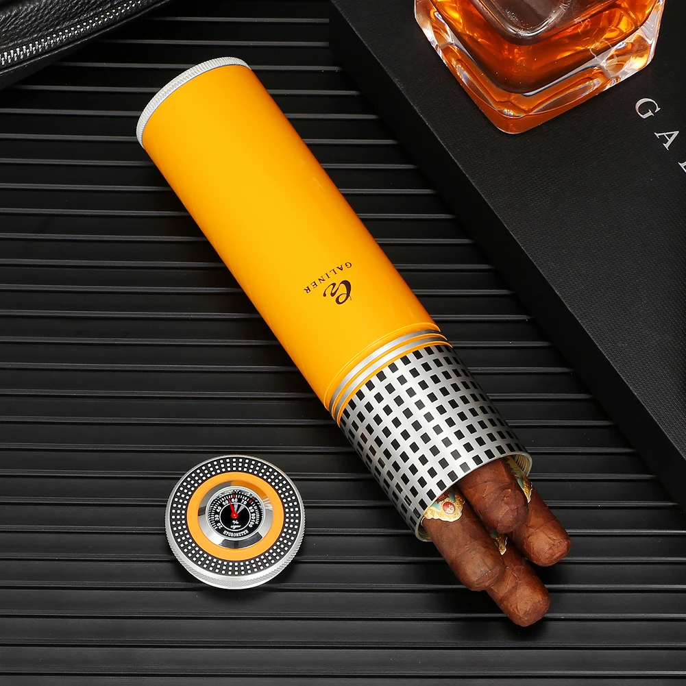 Galiner Alloy Metal Cigar Tube Jar Portable Fit About 5 Cigars Humidor Box With Hygrometer Humidor Portable Vertical Cigar Case