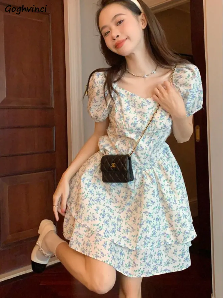 

Mini Floral Dresses Women Prairie Chic Sweet Summer Age-reducing Empire Korean Style Puff Sleeve Gentle Aesthetic Casual Vintage