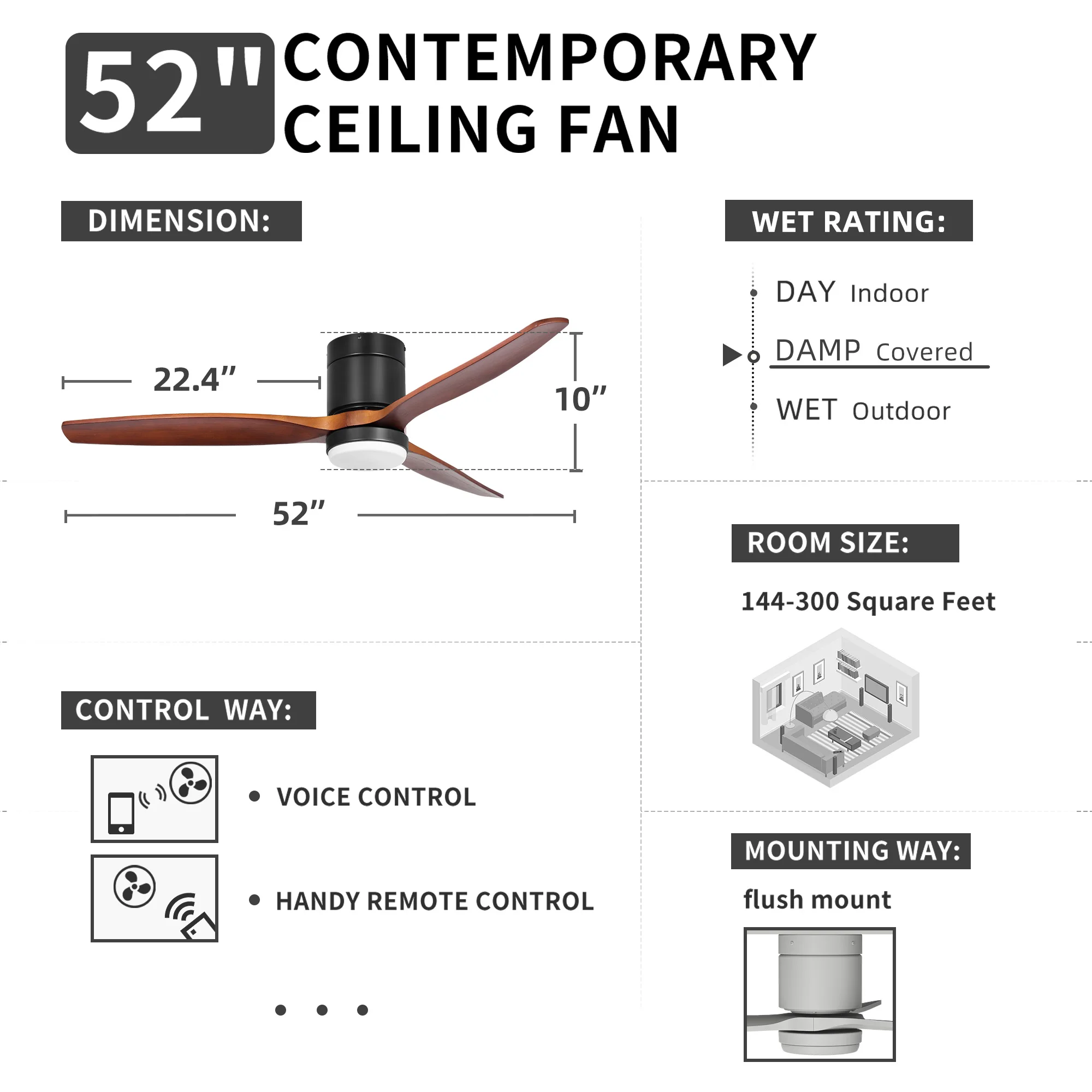 52 Inch Low Profile Ceiling Fan with Light and Remote 3 Blades Smart Ceiling Fan