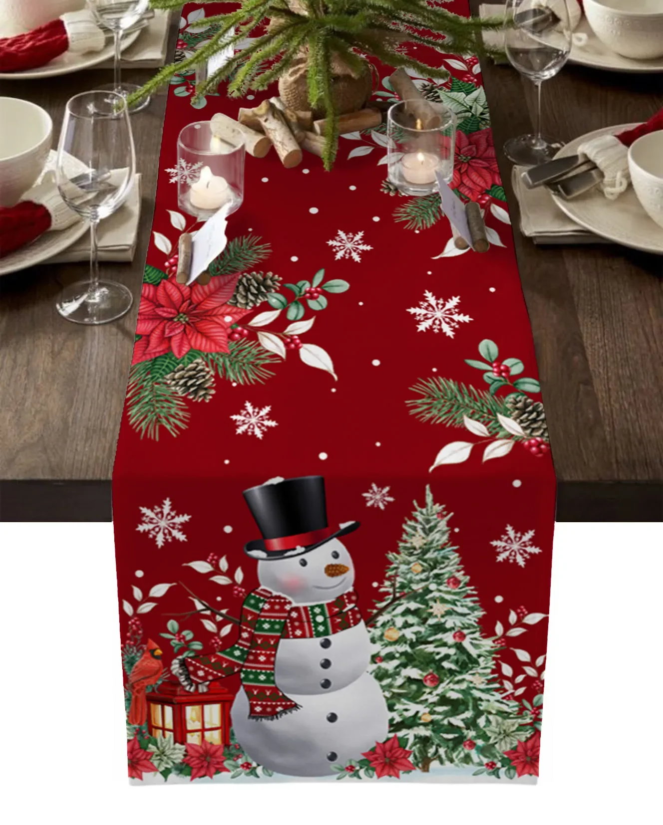 

Christmas Poinsettia Snowman Snowflake Linen Table Runner for Dining Table Wedding Table Runner Christmas Decoration Washable