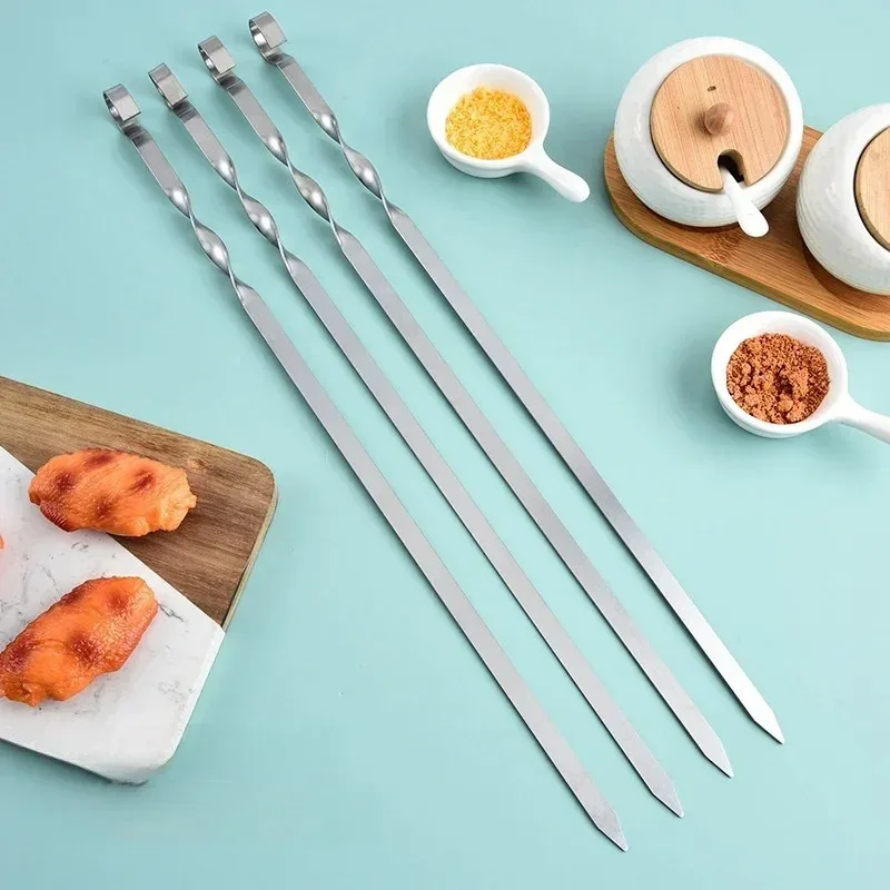 50cm 6Pcs BBQ Skewer Stainless Steel Wide Barbecue Sticks Flat BBQ Fork Outdoor Camping Picnic BBQ Utensil Kitchen Accessories