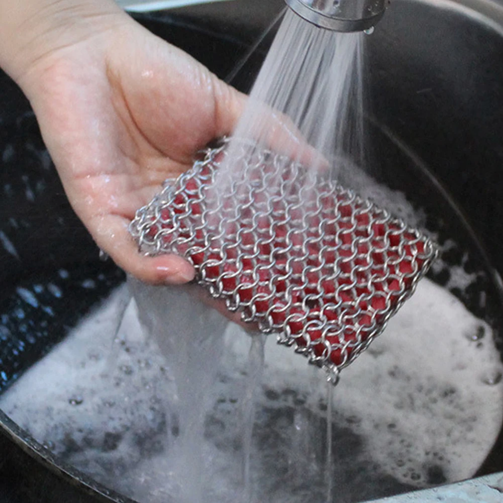 Pulitore in ghisa,Scrubber in ferro a catena per pulitore in acciaio inox con inserto in silicone,Scrubber Chainmail per pentole in ghisa pentole Skillet lavastoviglie,Utensili da cucina Gadught