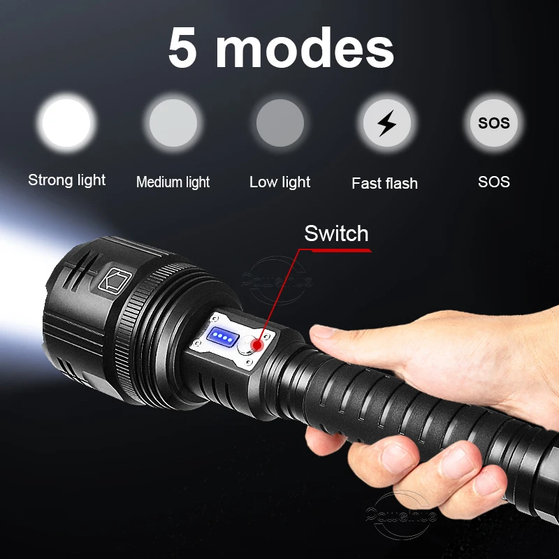 Linterna LED súper potente XHP360, linterna de trabajo recargable