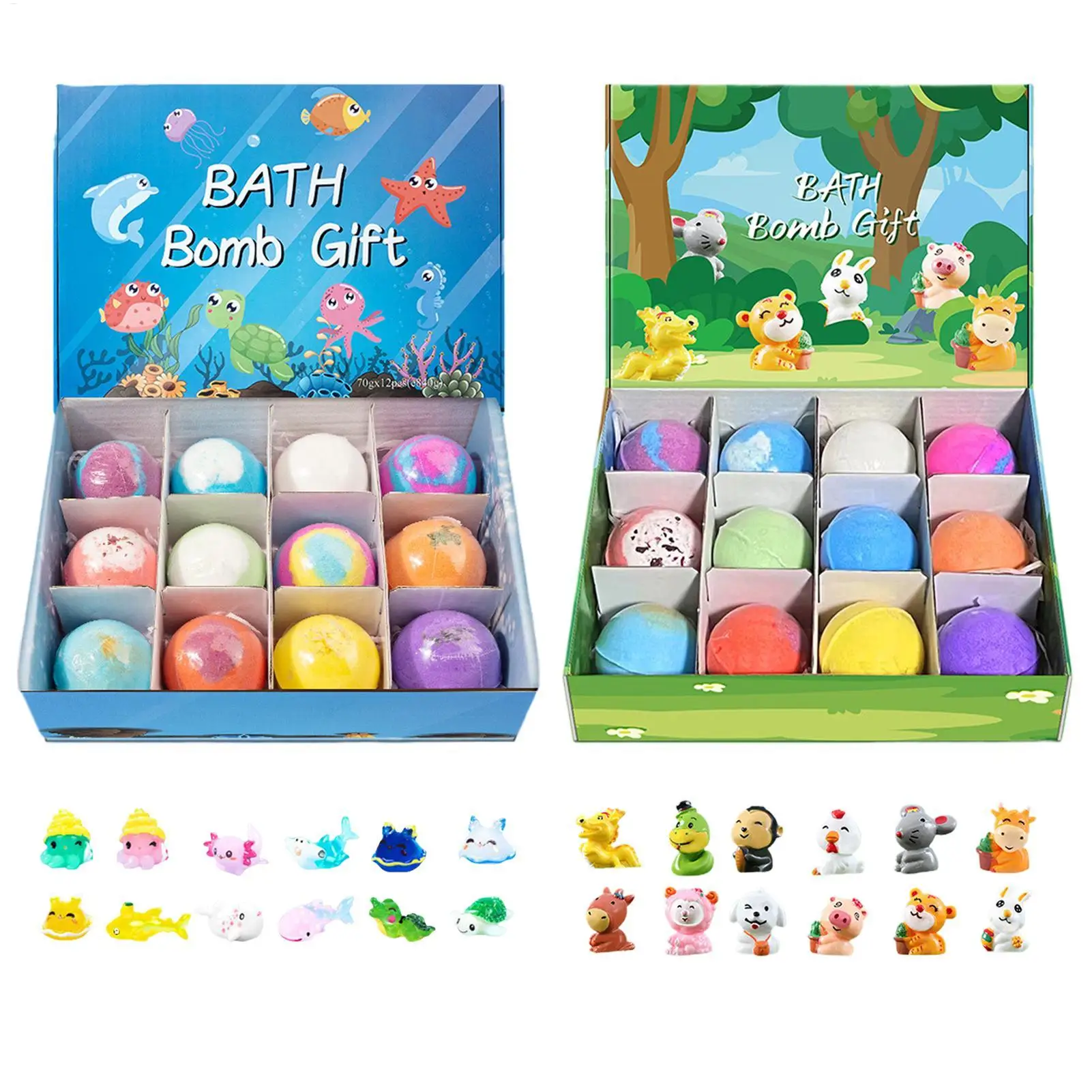 Ocean-Themed Bath Bomb Gift Set with Surprise Sea Animal Toys - 12 Natural Bubble Bath Salt Balls