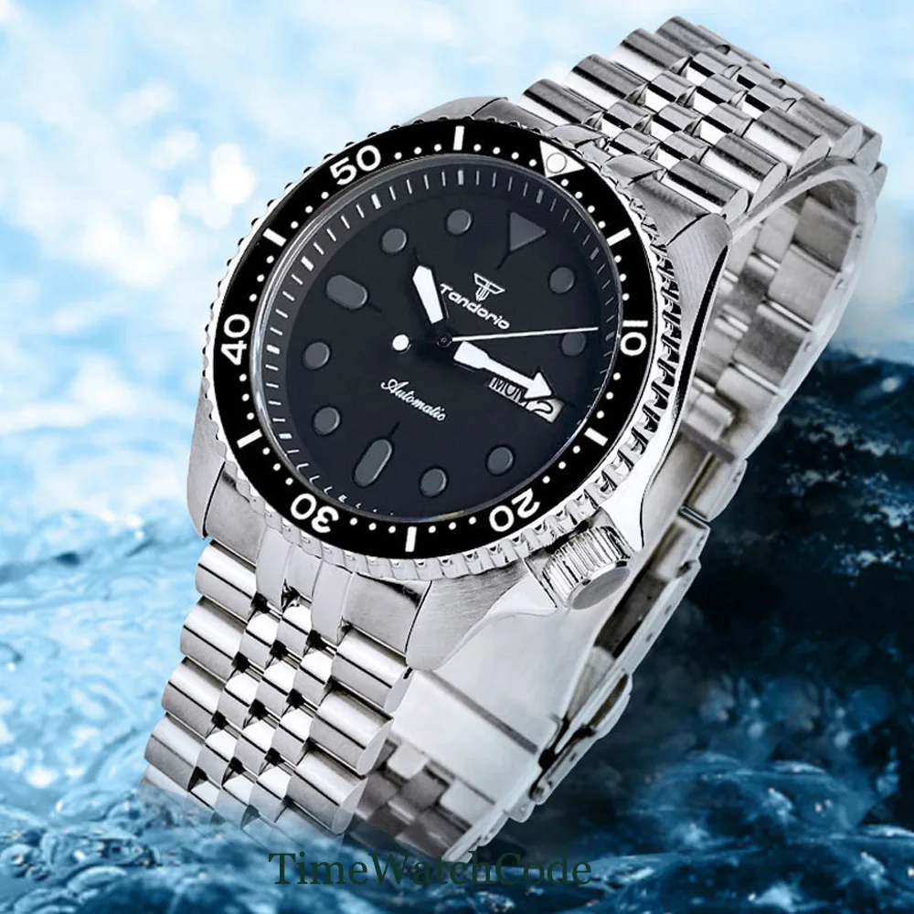 

Tandorio 41mm Diver Watch For Men NH36A Automatic Movement Date Day Sapphire Crystal Black Dial 200m Waterproof 316L Bracelet