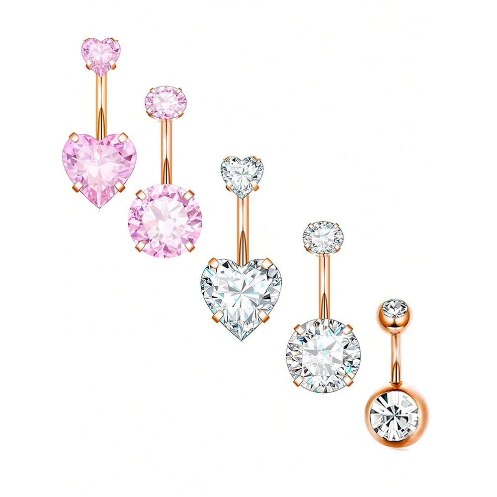 5pcs Cute Pink Belly  Button Ring 14G Navel Piercing Bulk Sexy Belly Ring Set Belly bar Lot Pircing Ombligo Jewelry Heart Silver