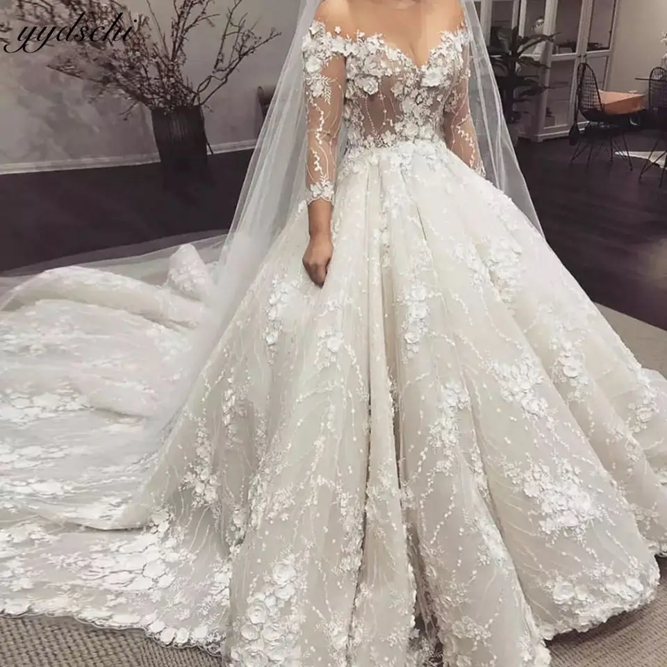 

Luxury Illusion Long Sleeves Ball Gown Wedding Dresses 2023 Lace 3D Floral Appliques Bridal Gowns Chapel Train Vestidos De Novia