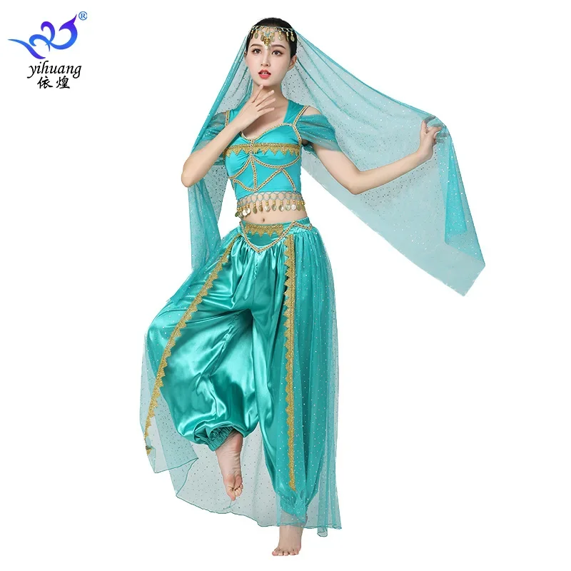 

4pcs Set Children's Belly Dance Belt Scarf Veil India Princess Costume Indian Dance Sari Girl Performance Costume Festival Outfi
