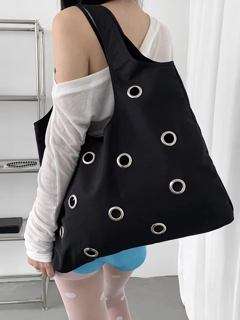 Fashion Hollow Rivet Large Capacity Tote Bag Hobos Women Handbags Luxury Soft nylon Shoulder Bags Trend Big Shopper Purses