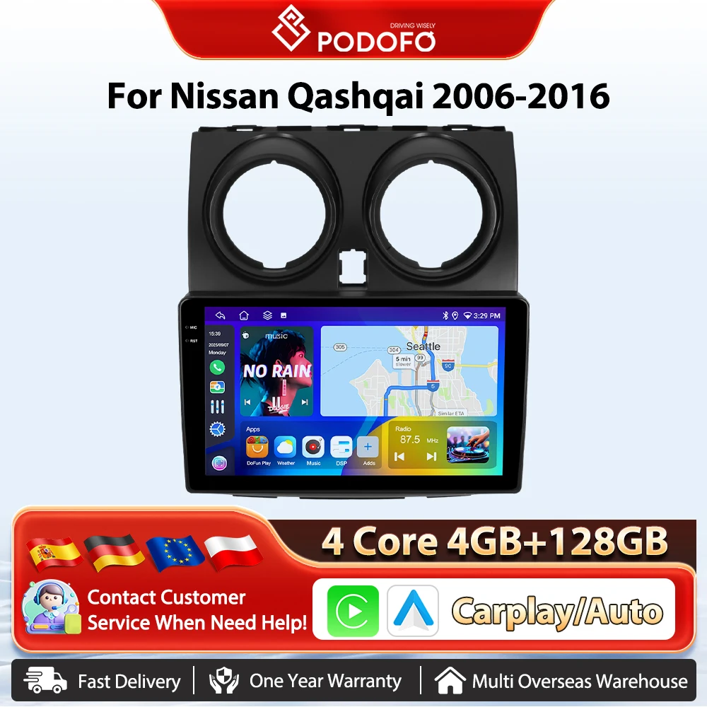 Podofo 9 ''8 núcleos inalámbrico CarPlay Radio de coche para Nissan Qashqai 2006-2016 Android AI voz GPS WIFI coche Multimedia estéreo FM/RDS 1