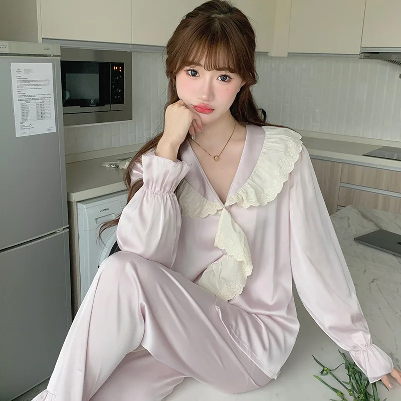 

Pajama Women's Spring Autumn Ice Silk Thin Long Sleeved Pants Two-piece Set with Lapel Silk Home Clothing Set