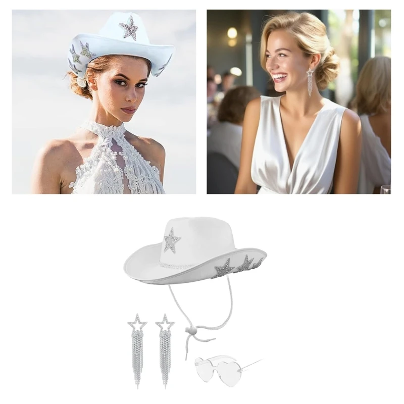 

Heart Sunglasses Earrings Cowboy Hat Set Rhinestones Crystal for Bachelorette Party Cowboy Hat for Actor Actress Dropship
