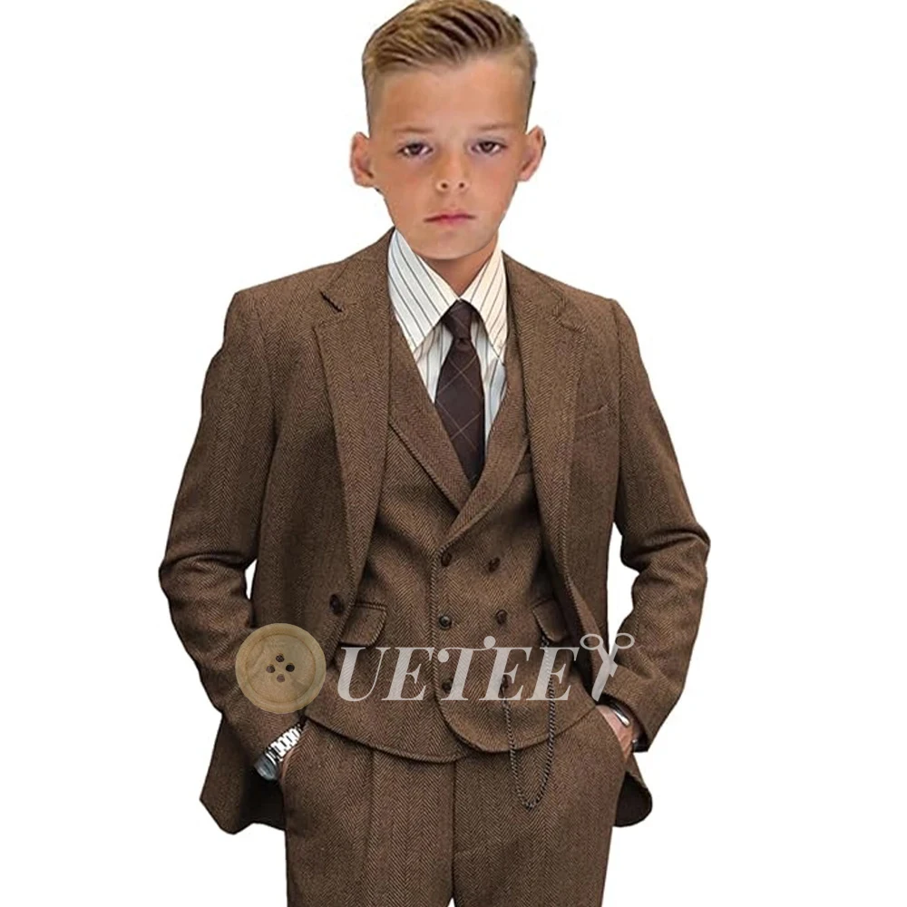 Boy's Suit 3 Pieces for Wedding Party Herringbone Tweed Single Chest Suits Jacket Vest Pants