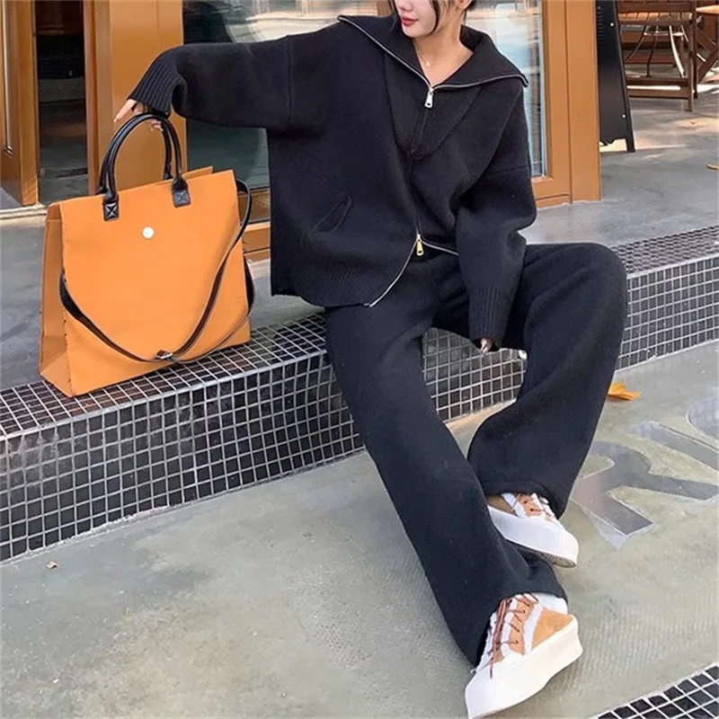 Autumn Winter Fashion Casual Loose Women Two Piece Set Knitted Zipper Long Sleeve Winter Warm Cardigan Coat+Wide Leg Pants Suit 5